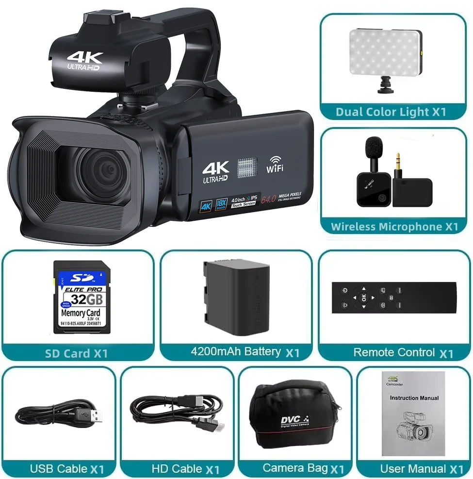 Caméscope Professionnel 4K 64MP KOMERY RX200 – Écran Tactile 4", WiFi, Zoom 18x, Live Streaming