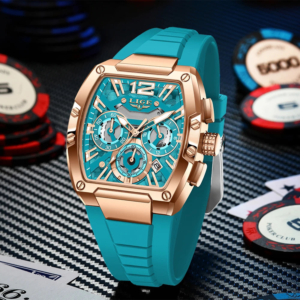 LIGE Montre Quartz Homme Chronographe Carré Sport Militaire Silicone Calendrier – CLEVI Paris
