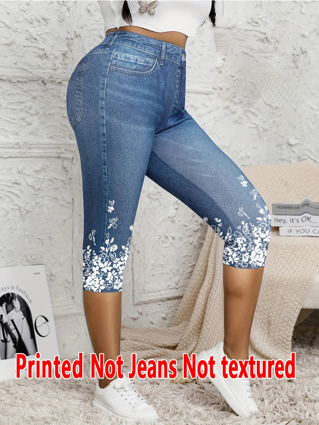 Legging 7/8 Femme Imprimé Effet Jean Taille Haute Stretch Gainant Casual – CLEVI Paris