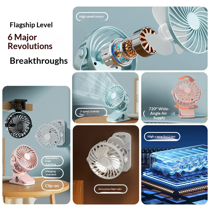 Mini Ventilateur à Pince Rechargeable USB 720° Veilleuse Intégrée — CLEVI Paris