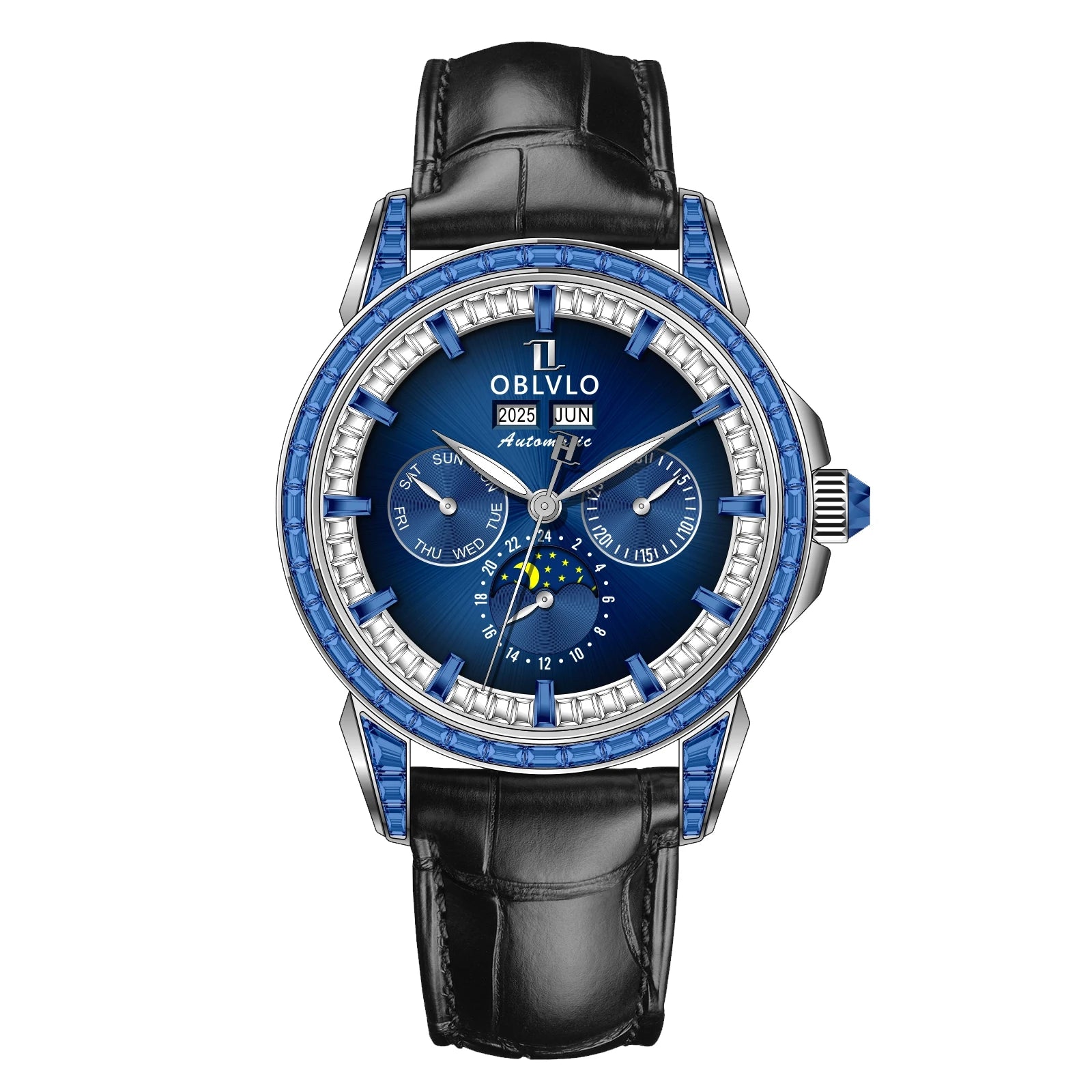 Montre Automatique Phase de Lune | Zircon Multicolore Bracelet Cuir – CLEVI Paris