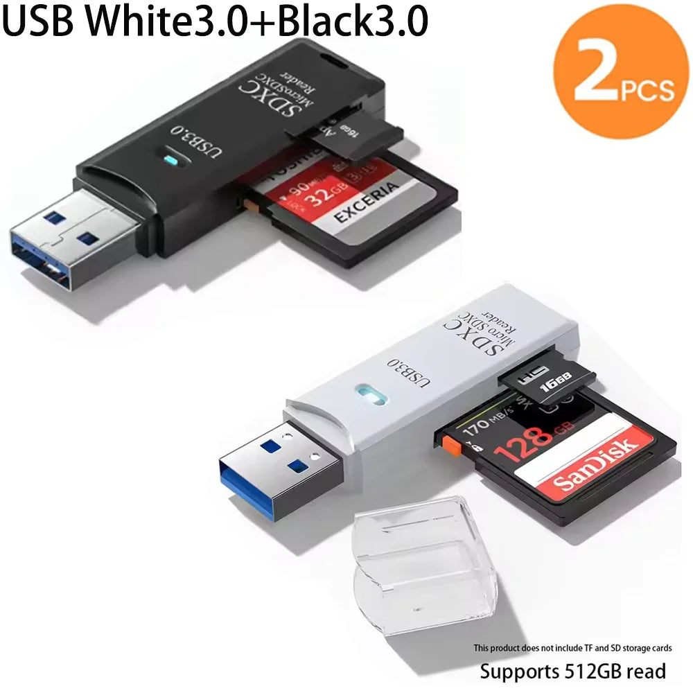 Lecteur de Cartes USB 2-en-1 – SD/TF, USB 2.0 & 3.0, Hub 4 Ports, PC & Laptop