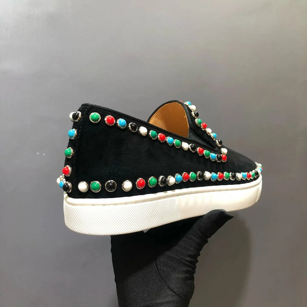 Sneakers Basses Luxe Homme Cuir Véritable Noir Semelle Rouge Rivets Colorés – CLEVI Paris