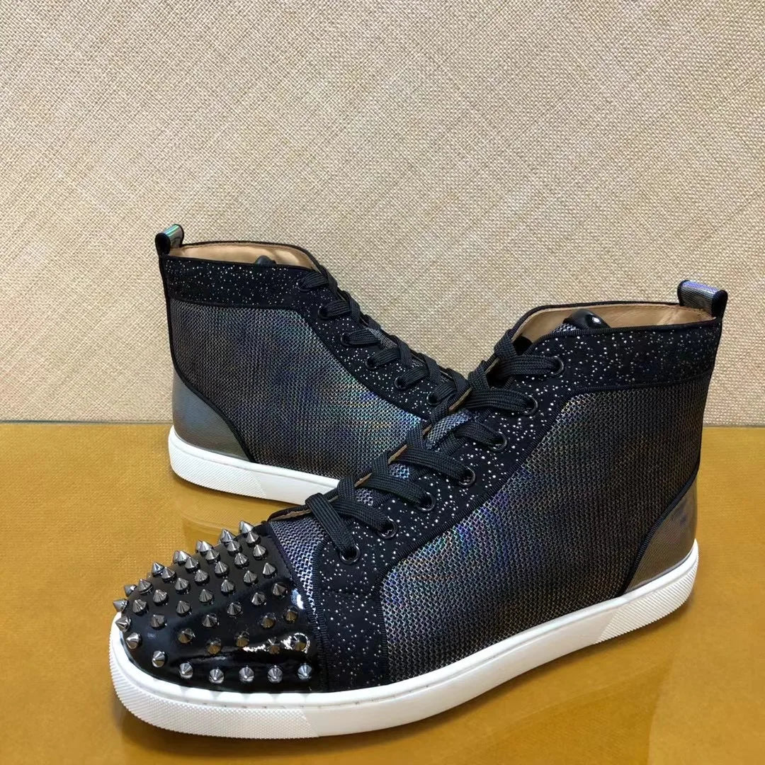 Sneakers Montantes Cuir Véritable Noir & Bleu Rivets Argentés Homme – Semelle Rouge, Tailles 35-48 – CLEVI Paris