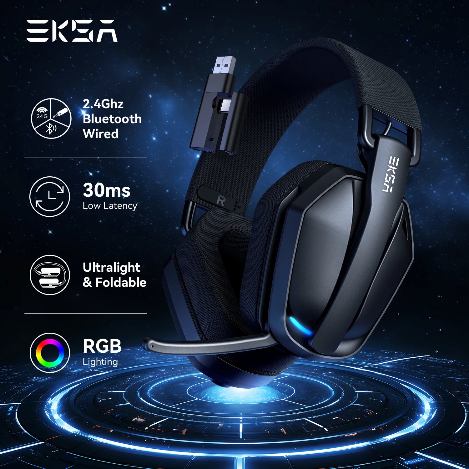 Casque Gaming Sans Fil EKSA G19BT – 2.4G / Bluetooth 5.4 / Jack, Micro ANC, 35H, PC PS5 Xbox