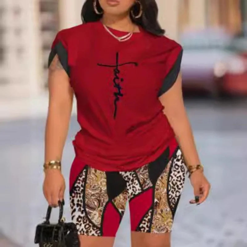 Ensemble 2 Pièces Femme T-Shirt Col Rond Manches Courtes Imprimé + Short Casual Streetwear – CLEVI Paris