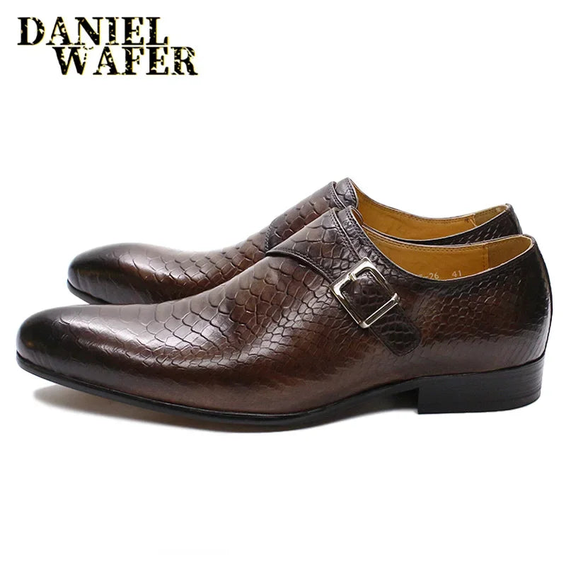 Mocassins Monk Strap Homme Cuir Vache Imprimé Serpent Respirant Talon 2,8cm Bureau Mariage – CLEVI Paris
