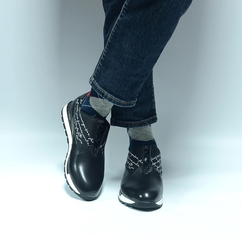 Oxford Homme Cuir Véritable | Sneaker Classique Imprimé Lettres Noir