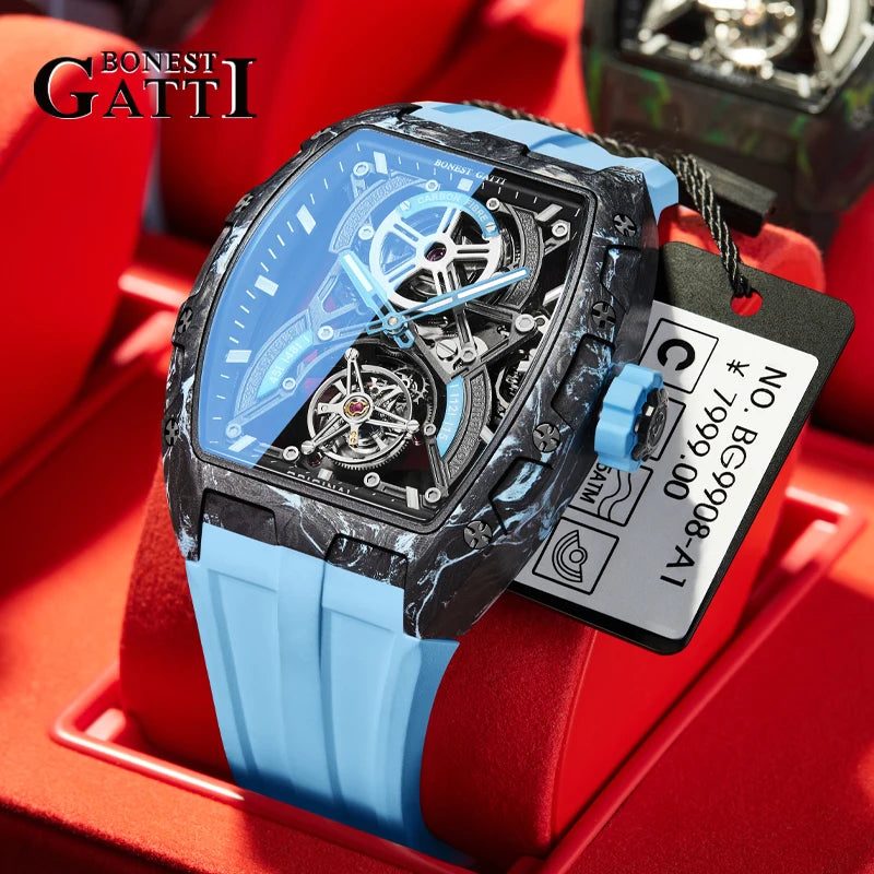 BONEST GATTI BG7003 – Montre Squelette Automatique Homme | Carbone, Verre Saphir, Étanche 5 Bar