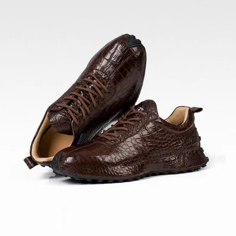 Sneakers Homme Cuir Croco Véritable – Bout Rond, Lacets | Noir ou Marron | Tailles 38–44