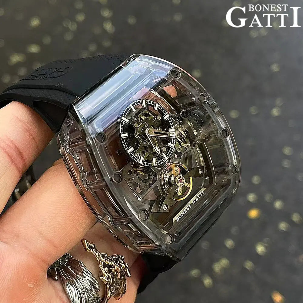 Montre Homme BONEST GATTI BG-9960 – Squelette Automatique, Verre Saphir, Bracelet Caoutchouc