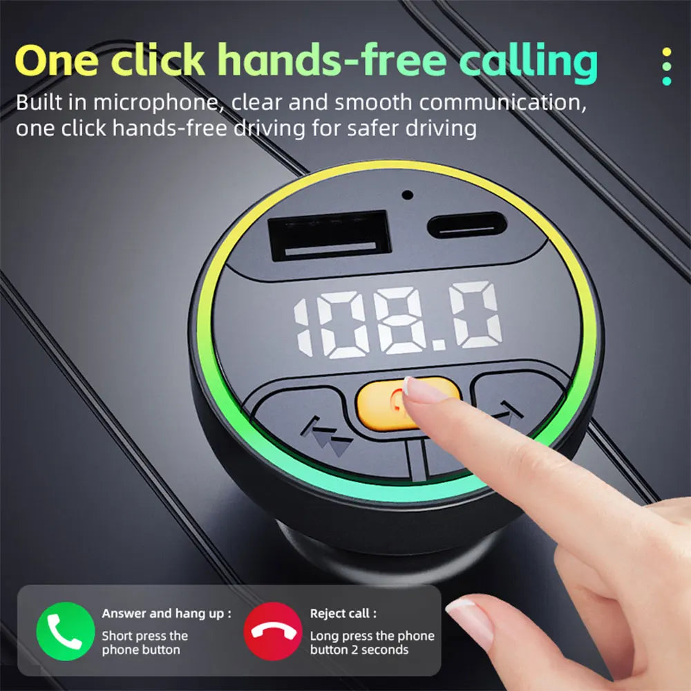 Émetteur FM Voiture Bluetooth 5.3 – Charge USB+Type-C Mains Libres Lecteur MP3 Lumières Ambiance 12-24V – CLEVI Paris