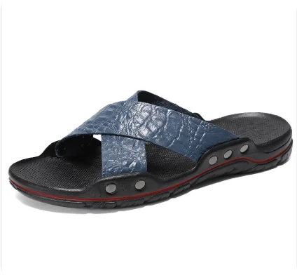 Fashion New Men's Crocodile Embossed Leather Slippers Casual Sandals For Men Summer Open Toe Beach Garden Shoes Flip Flops