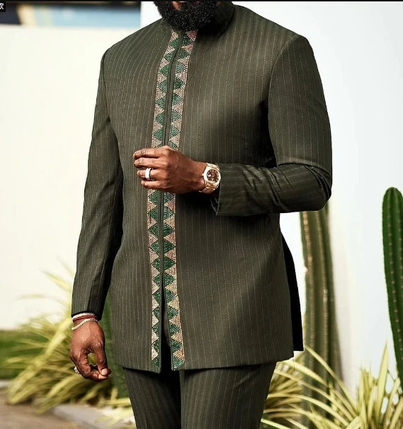 Kaftan Dashiki Homme 2 Pièces Brodé Manches Longues Col Rond + Pantalon Élastique Style Africain Mariage Fête M-4XL – CLEVI Paris