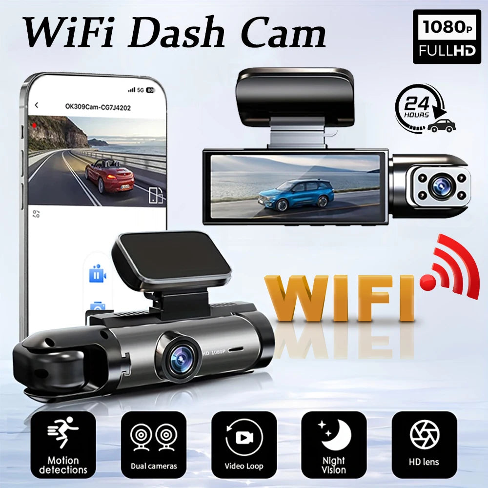Dashcam WiFi 1080p Double Objectif – Vision Nocturne IR, G-Sensor, Grand Angle 170°, App Framefox – CLEVI Paris