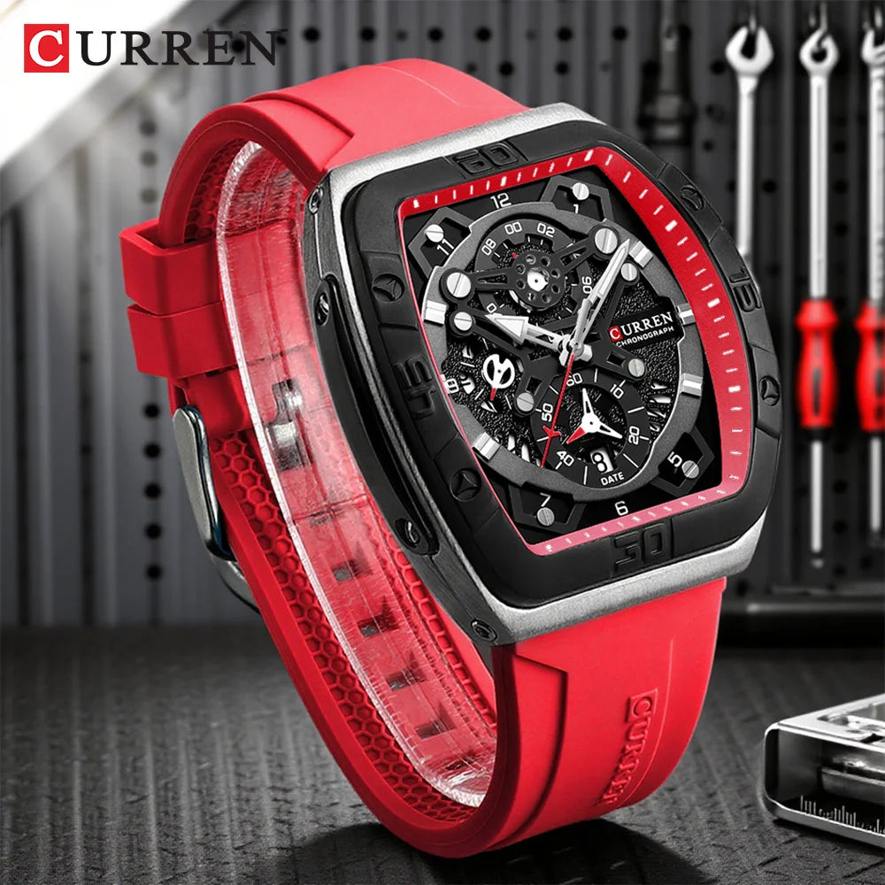 Montre Chronographe Homme CURREN – Boîtier Tonneau, Bracelet Silicone Sport