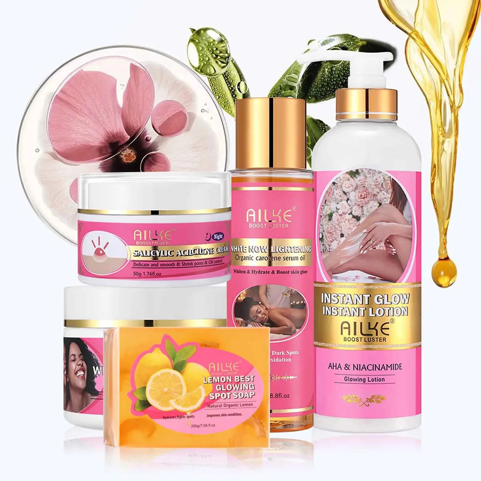 Gamme AHA Premium Rose AILKE – Lotion, Sérum Carotène, Crème & Savon Citron Anti-Taches – CLEVI Paris