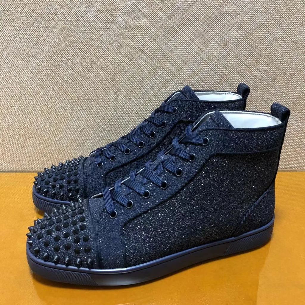 Sneakers Montantes Cuir Véritable Bleu Encre Rivets Noirs Semelle Rouge Homme – Tailles 35-48 – CLEVI Paris