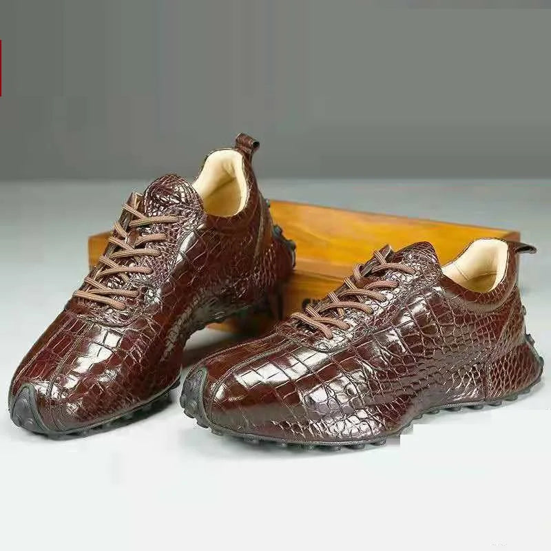Sneakers Homme Cuir Croco Véritable – Bout Rond, Lacets | Noir ou Marron | Tailles 38–44