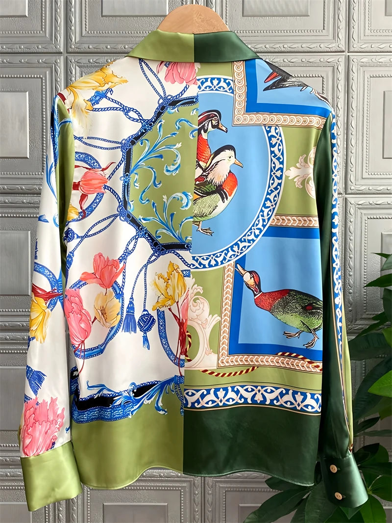 Chemise Femme Satin Imprimé Vintage Manches Longues – CLEVI Paris