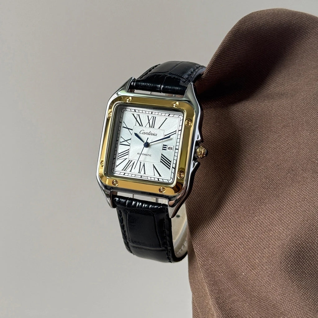 Montre Quartz Homme BLUO – Carrée Chiffres Romains Bracelet Cuir Affichage Date – CLEVI Paris