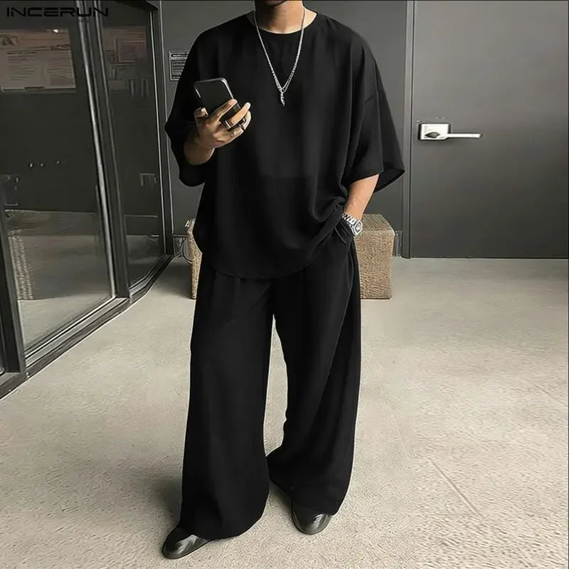 Ensemble Homme T-Shirt Col Rond + Pantalon Loose Streetwear Casual – CLEVI Paris