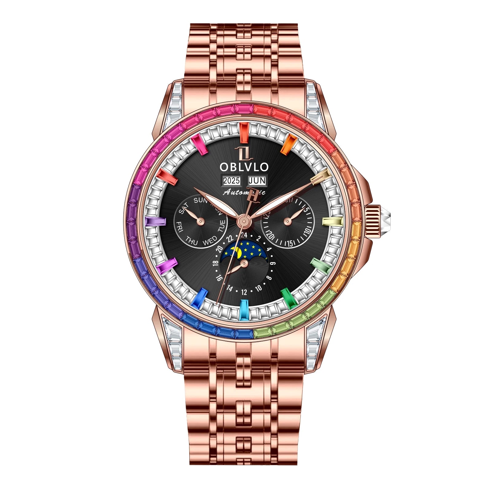 Montre Automatique Phase de Lune | Zircon Multicolore Bracelet Cuir – CLEVI Paris
