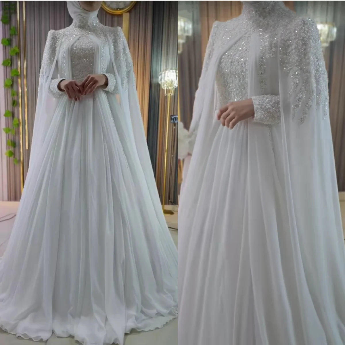 Robe de mariée musulmane en mousseline à col haut – CLEVI Paris