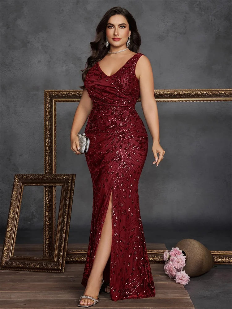 Robe de soirée sirène paillettes col V – CLEVI Paris