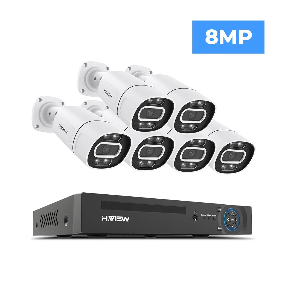 Kit Vidéosurveillance POE H.View 4K – Caméras 5MP/8MP, NVR 8CH H.265, Détection de Personnes, Vision Nocturne Couleur, Audio Bidirectionnel
