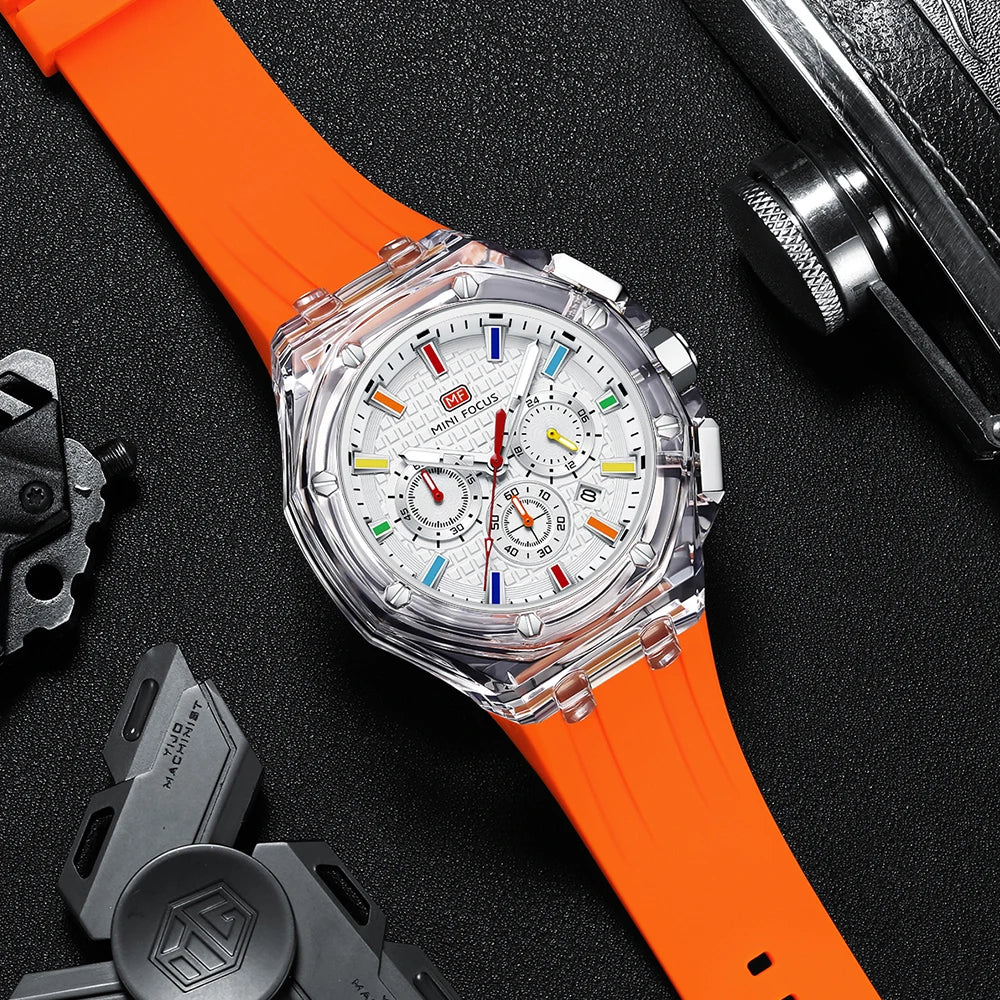 Montre Quartz Homme MINI FOCUS MF0616G – Chronographe, Boîtier Transparent & Aiguilles Lumineuses