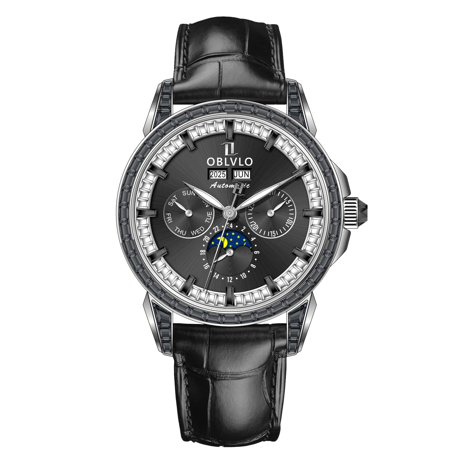 Montre Automatique Phase de Lune | Zircon Multicolore Bracelet Cuir – CLEVI Paris