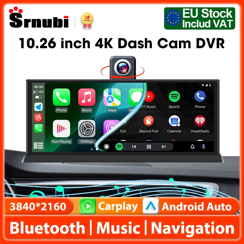 Écran CarPlay Android Auto Portable 10,26" – Dashcam 4K Objectif Rotatif Bluetooth Radio Universel – CLEVI Paris