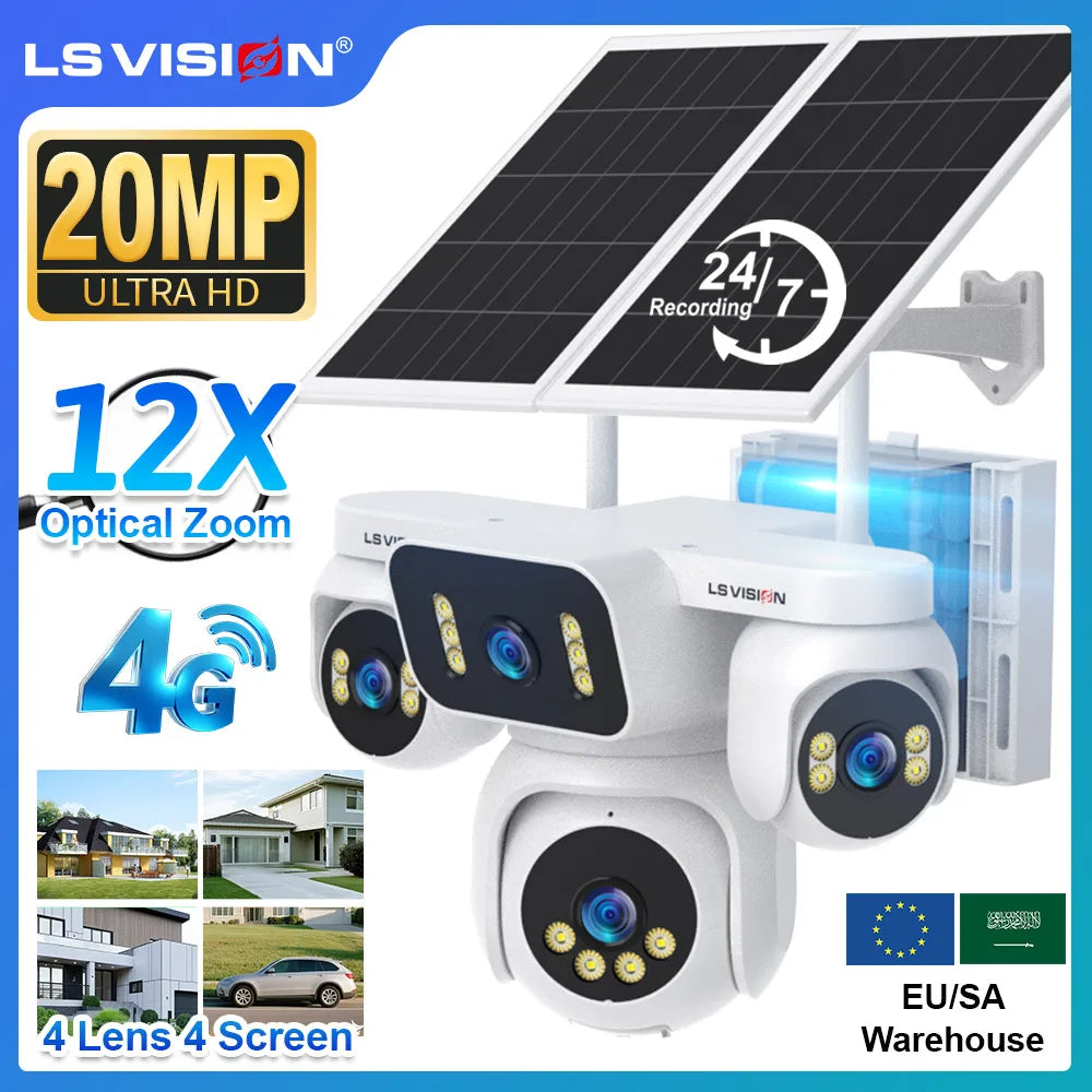 Caméra Solaire 4G LS VISION AOV01 20MP PTZ 4 Objectifs Zoom 12X Surveillance 24/7 – CLEVI Paris