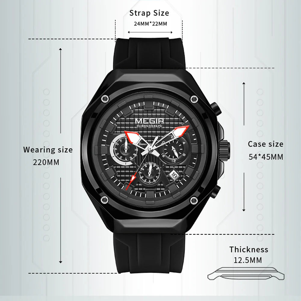 MEGIR 8118 Montre Homme Chronographe Quartz Bracelet Silicone 45mm Lumineux Calendrier 3 ATM 5 Coloris – CLEVI Paris