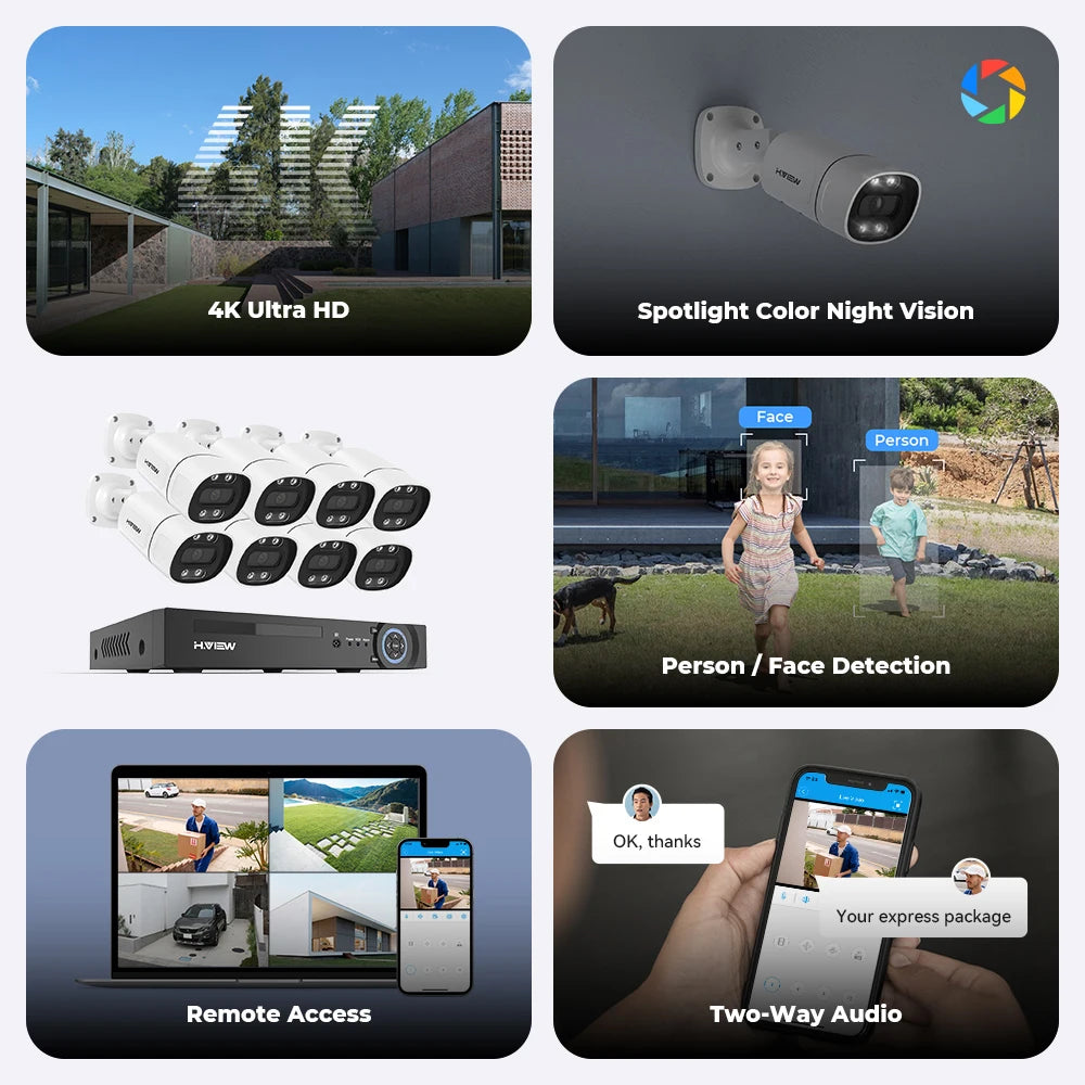 Kit Vidéosurveillance POE H.View 4K – Caméras 5MP/8MP, NVR 8CH H.265, Détection de Personnes, Vision Nocturne Couleur, Audio Bidirectionnel