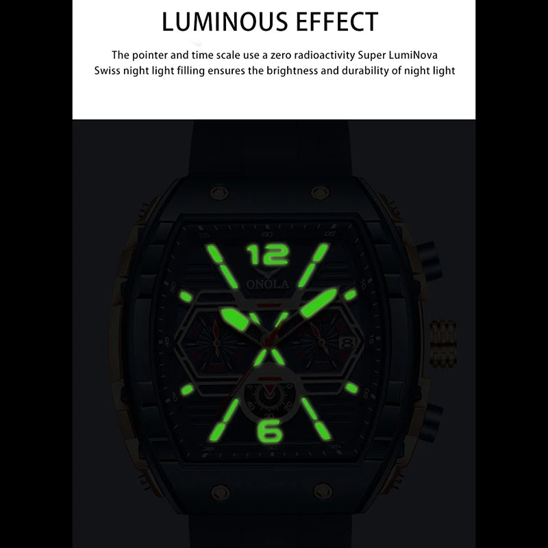 Montre Quartz Tonneau ONOLA Homme Silicone Lumineuse Date – CLEVI Paris