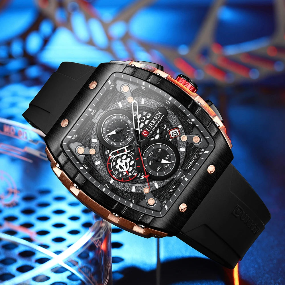 Montre Chronographe Homme CURREN 8442 – Boîtier Carré, Bracelet Silicone Sport