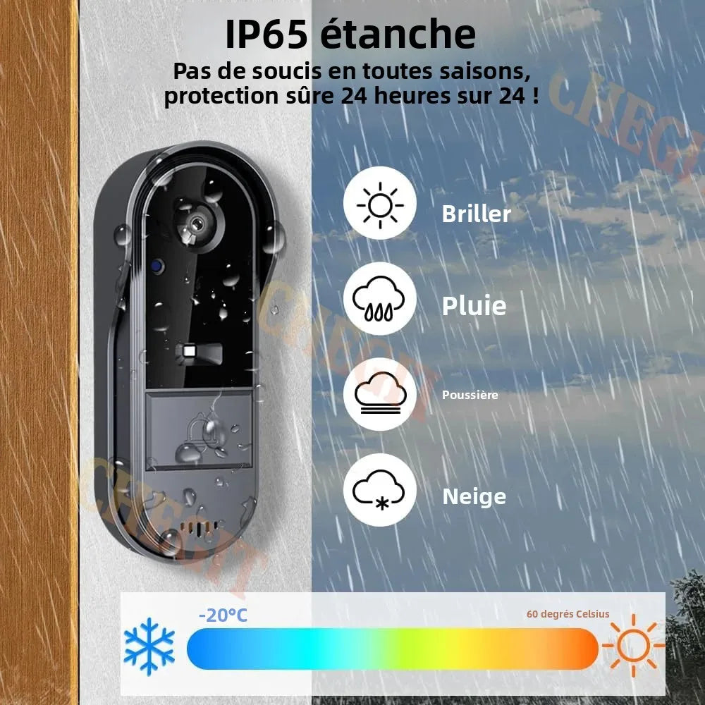 Sonnette Vidéo Sans Fil IP65 1080P – Écran 4,3" IPS Vision Nocturne IR Angle 170° Batterie 3-4 Mois – CLEVI Paris