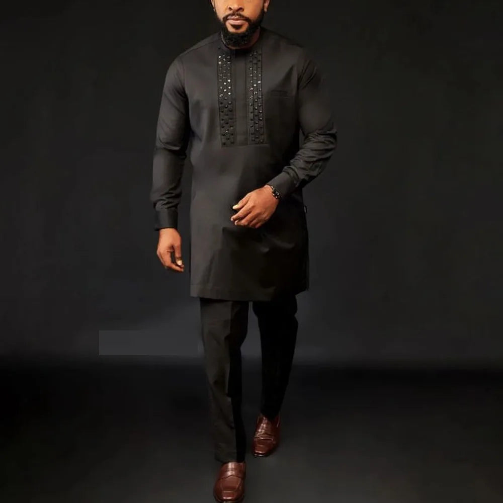 Kaftan Homme 2 Pièces Brodé Floral Col Mao Manches Longues + Pantalon Élastique Style Africain Mariage M-4XL – CLEVI Paris