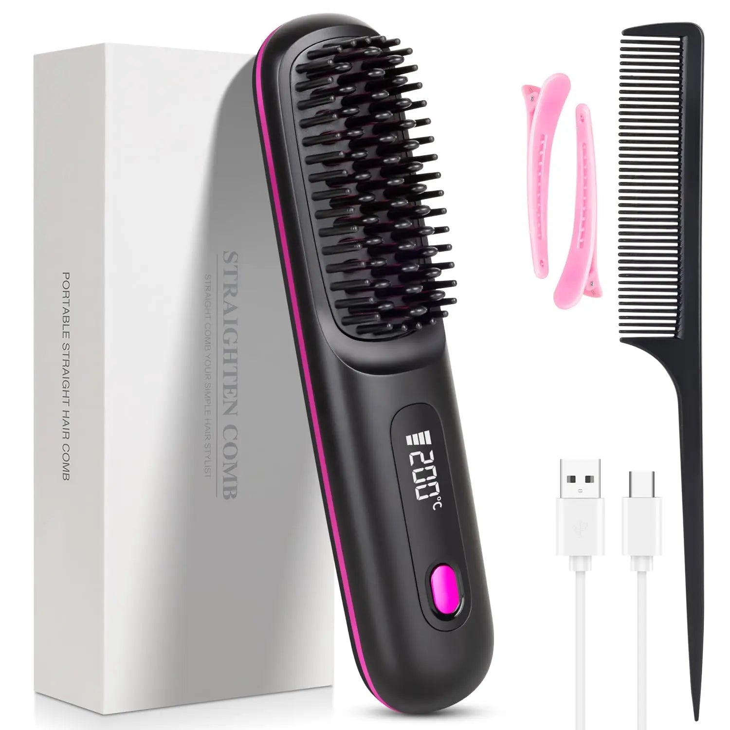Brosse Lissante Sans Fil Céramique Ionique LED 160-200°C USB-C — CLEVI Paris