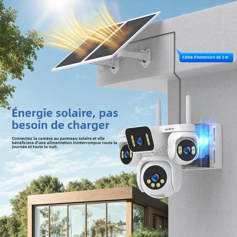 Caméra Solaire 4G PTZ 4 Objectifs 20MP – Zoom Optique 12x Batterie 16000mAh Panneau 20W Enregistrement 24/7 IP66 – CLEVI Paris