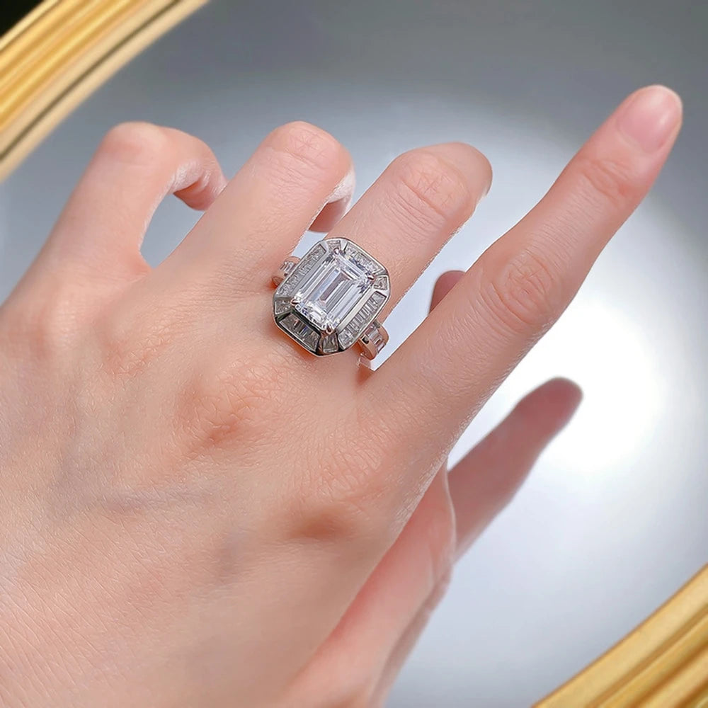 Bague Fiançailles Saphir Lab Taille Émeraude 8×12mm | Diamant Haute Carbone Argent 925 – CLEVI Paris