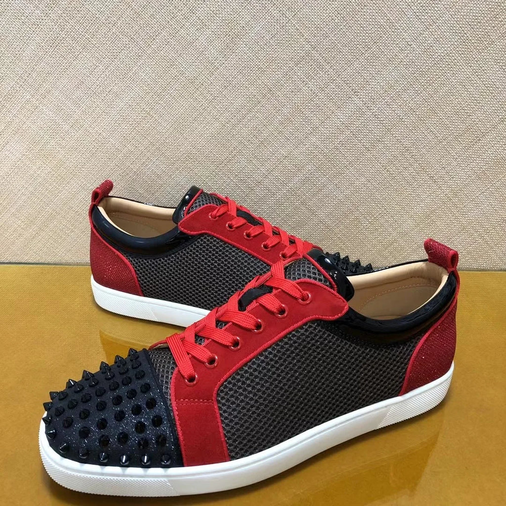 Sneakers Basses Cuir Véritable Noir & Rouge Rivets Homme – Semelle Rouge, Tailles 35-48 – CLEVI Paris