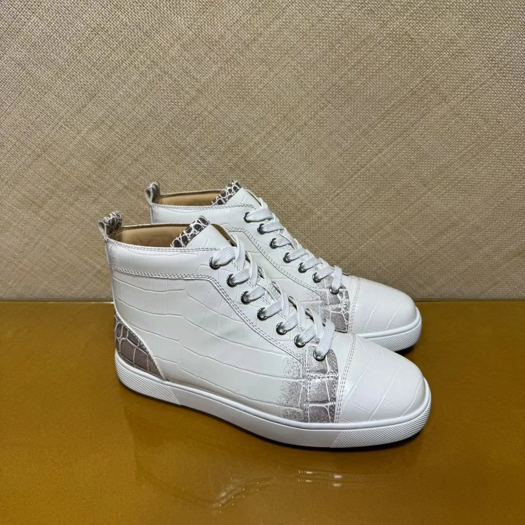 Sneakers Montantes Cuir Croco Blanc Homme – Semelle Rouge, Lacets, Imperméable, Tailles 35-48 – CLEVI Paris