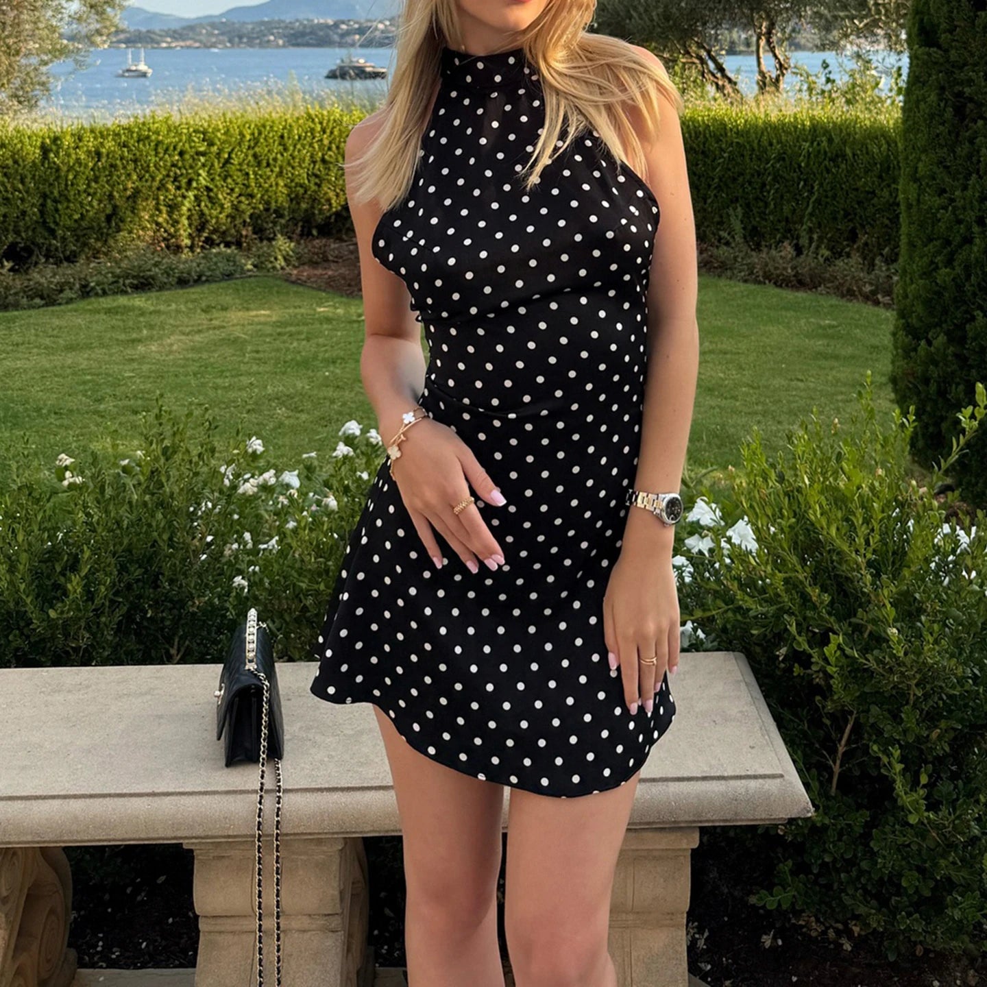 Robe Mini Halter à Pois Femme | Robe Slim Sans Manches Dos Nu Été – CLEVI Paris