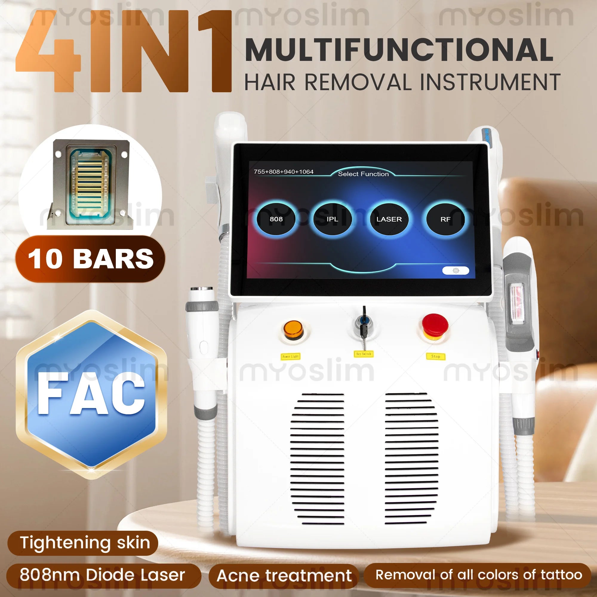 Machine 4-en-1 Laser Diode FAC 5000W 755/808/940/1064nm + Picoseconde + IPL + RF Épilation Détatouage Lifting – CLEVI Paris
