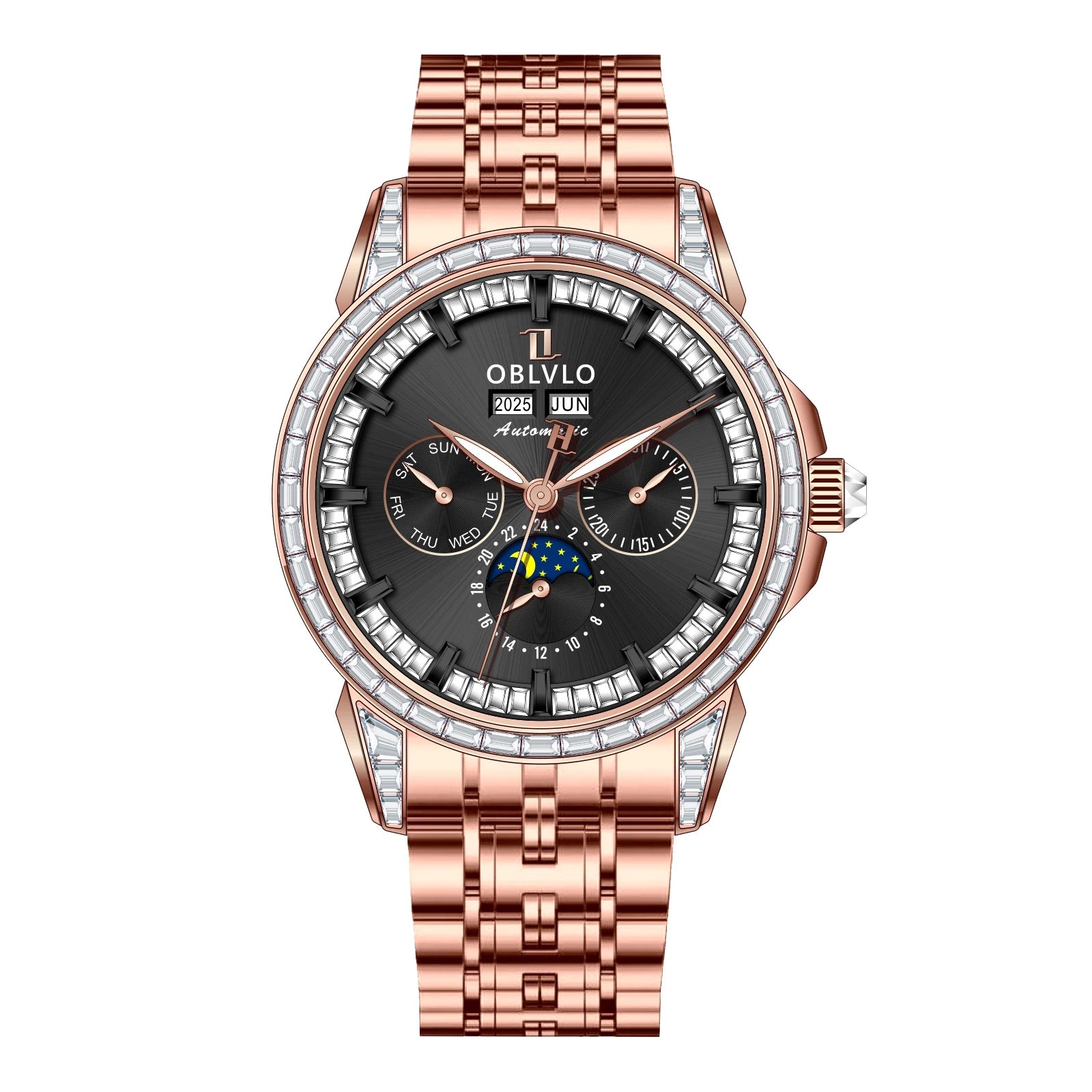 Montre Automatique Phase de Lune | Zircon Multicolore Bracelet Cuir – CLEVI Paris
