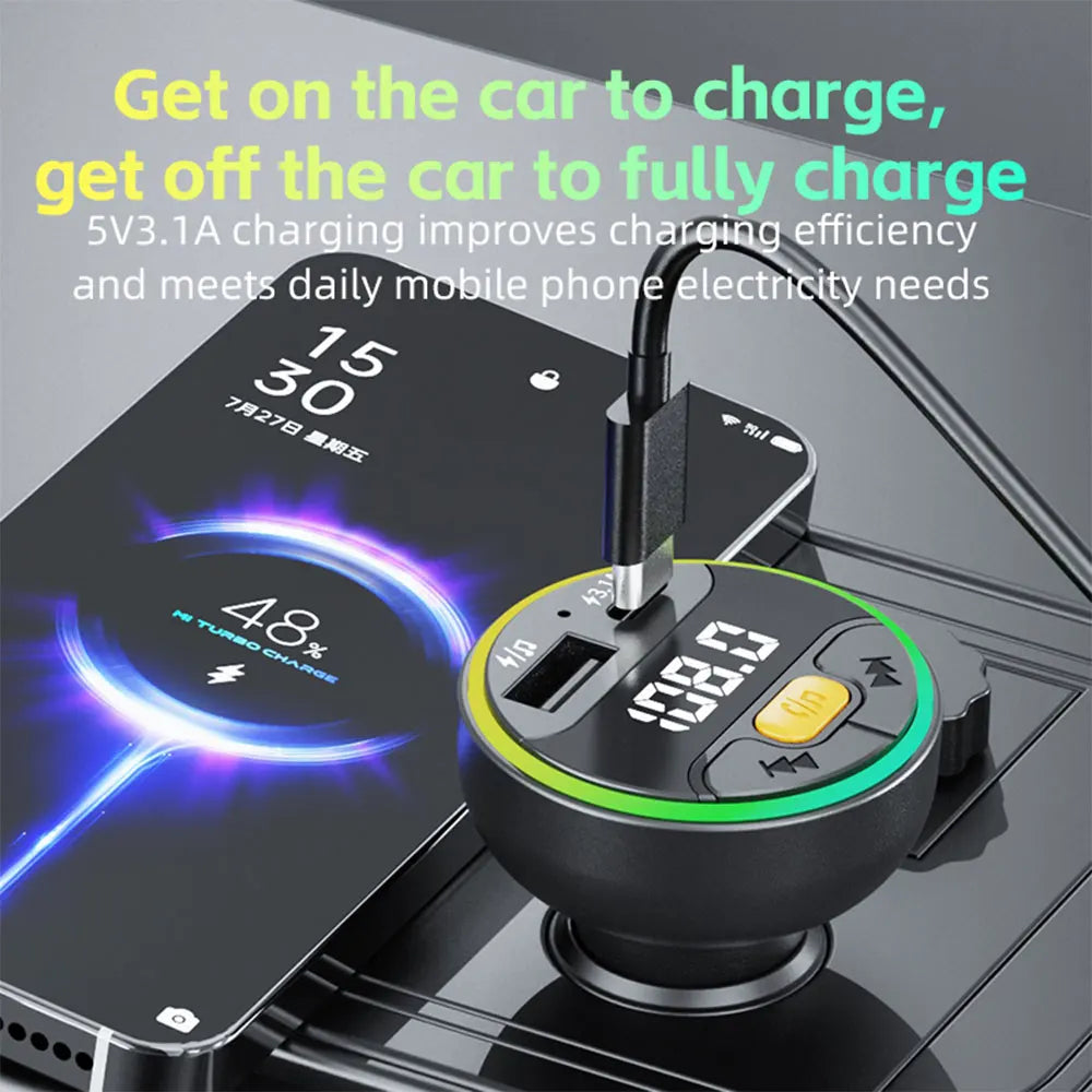 Émetteur FM Voiture Bluetooth 5.3 – Charge USB+Type-C Mains Libres Lecteur MP3 Lumières Ambiance 12-24V – CLEVI Paris