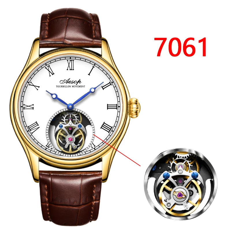 Montre AESOP Tourbillon Volant – Mécanique Squelette Double Face, Verre Saphir, Acier Inoxydable, Cuir, Étanche 5 ATM – CLEVI Paris